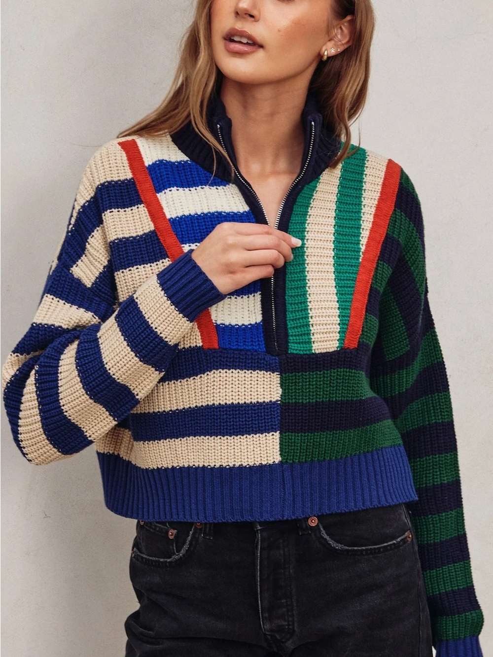 Rugby Varsity Striped Zip-Up Sweater in Blue, Cream & Green with Red Accents
